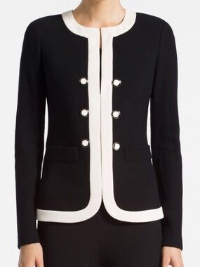 ST. JOHN wool blend open front blazer jacket button detailing black ivory size 6